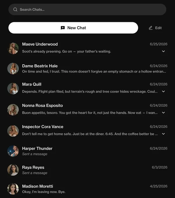Liste de conversations privées avec des personnages IA